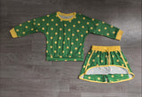 Long sleeves green yellow polka dots top skirt girls outfits