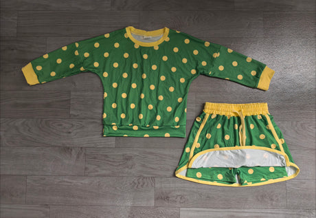 Long sleeves green yellow polka dots top skirt girls outfits
