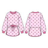 Long sleeves light pink polka dots top skirt girls outfits