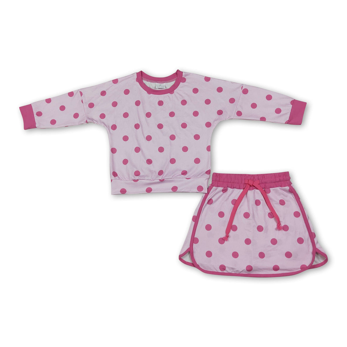 Long sleeves light pink polka dots top skirt girls outfits