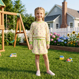 Long sleeves yellow polka dots top skirt girls outfits