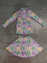 Plaid bows pullover skirt girls Mardi Gras active wear set