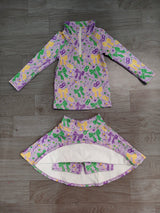 Plaid bows pullover skirt girls Mardi Gras active wear set