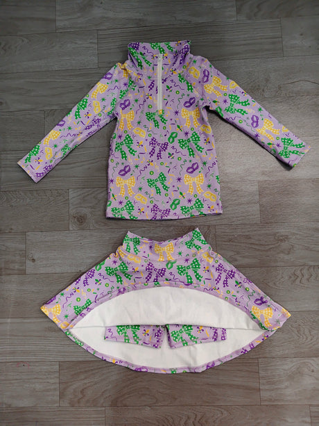 Plaid bows pullover skirt girls Mardi Gras active wear set