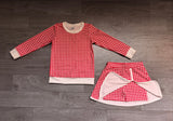 Long sleeves red plaid top skirt girls active wear set