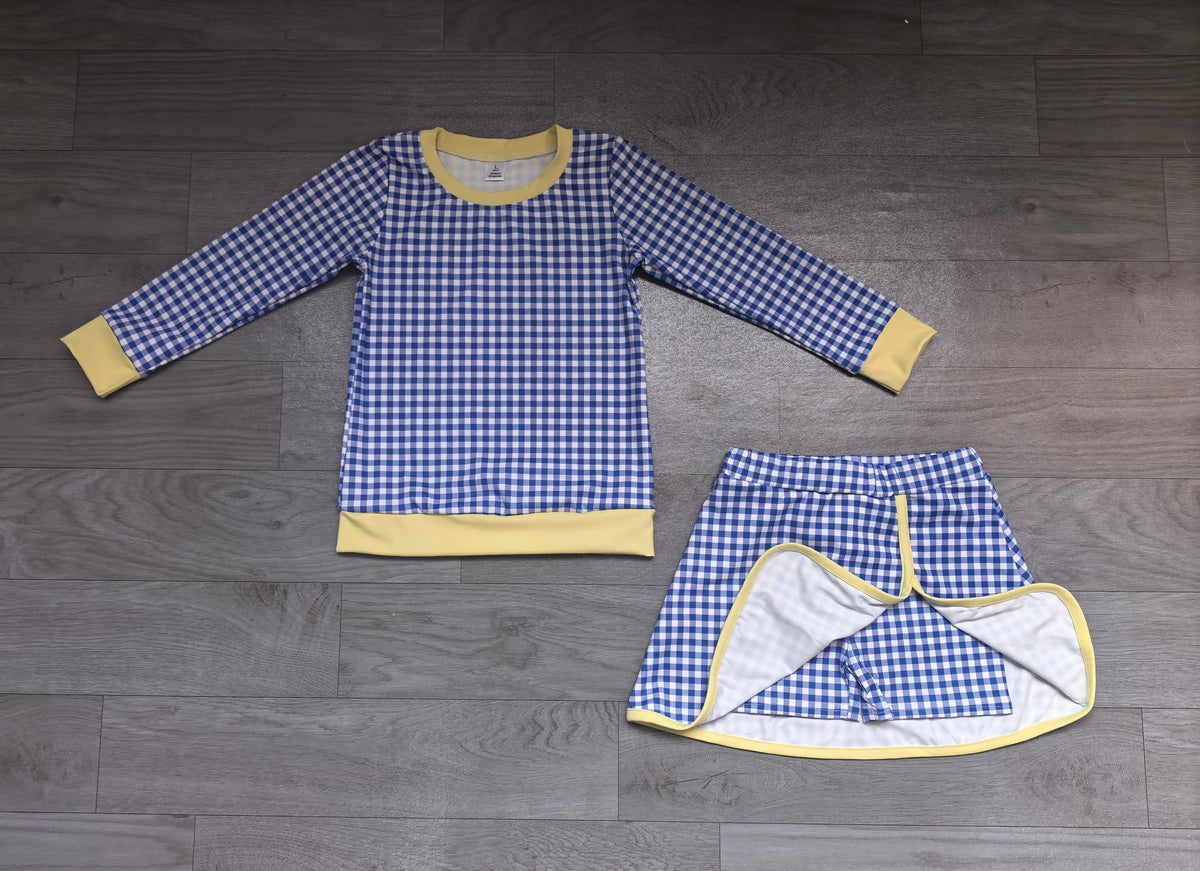 Long sleeves blue plaid top skirt girls active wear set