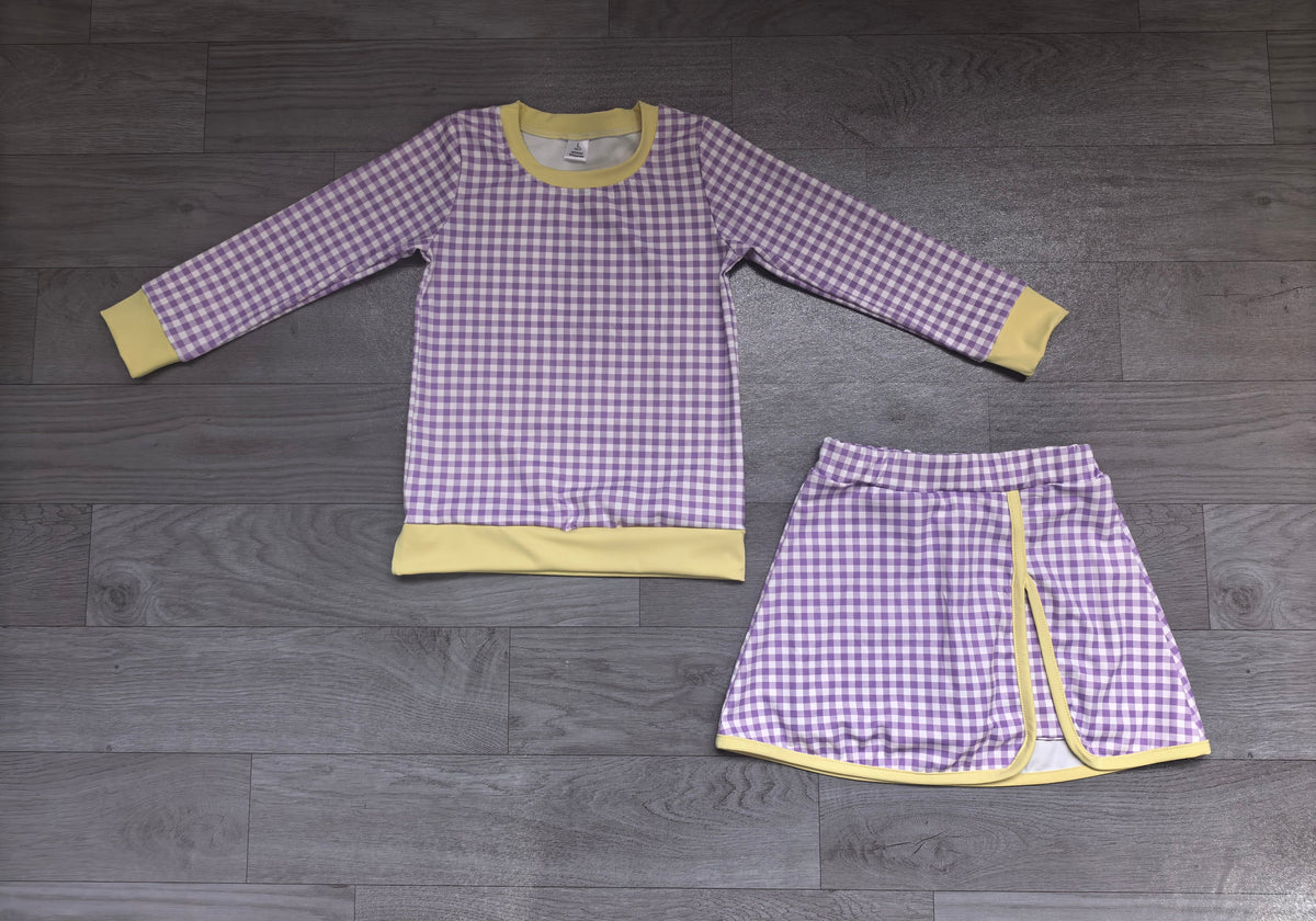 Long sleeves lavender plaid top skirt girls active wear set