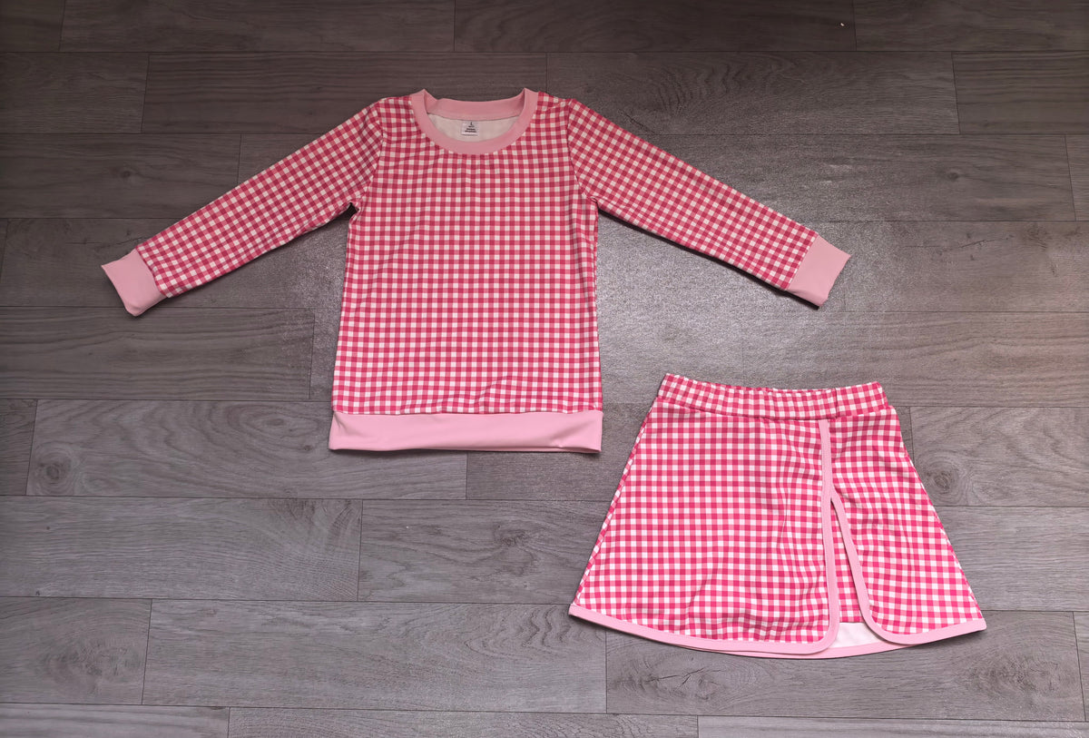 Long sleeves hot pink plaid top skirt girls active wear set