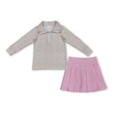 Floral zipper pullover pink pleated skirt girls outfits