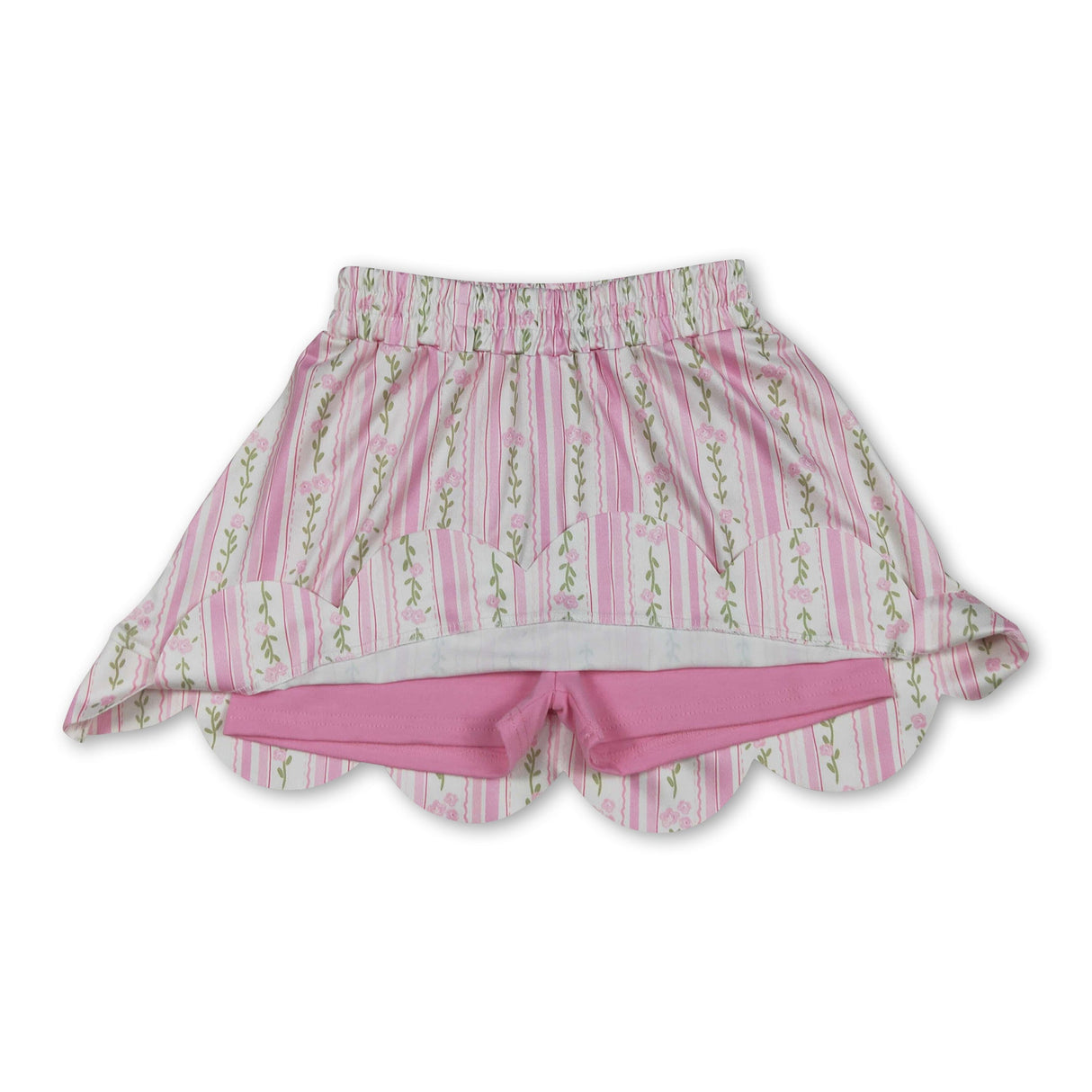 Pink floral elastic waist scallop kids girls skirts