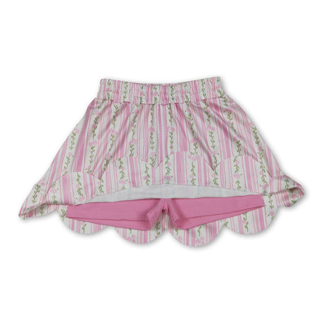 Pink floral elastic waist scallop kids girls skirts