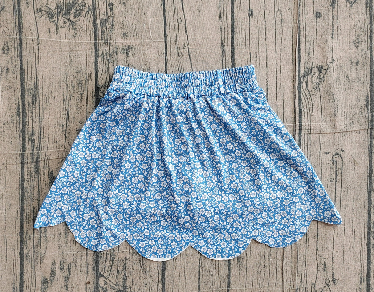 Blue floral elastic waist scallop kids girls skirts