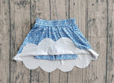 Blue floral elastic waist scallop kids girls skirts