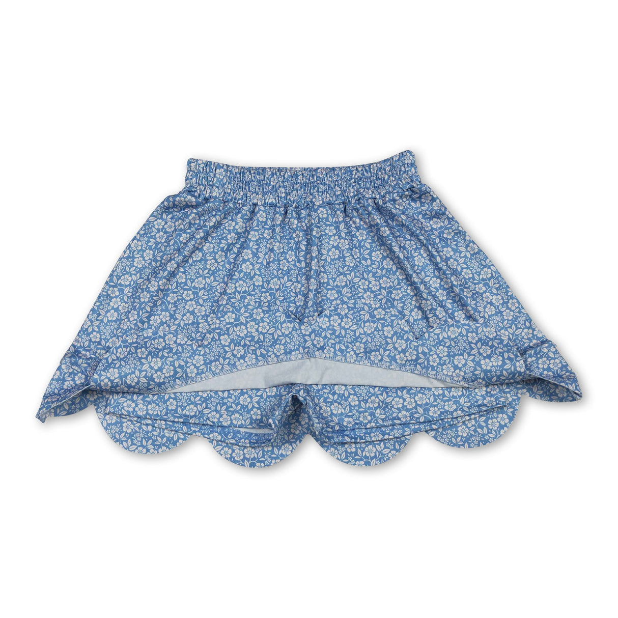 Blue floral elastic waist scallop kids girls skirts