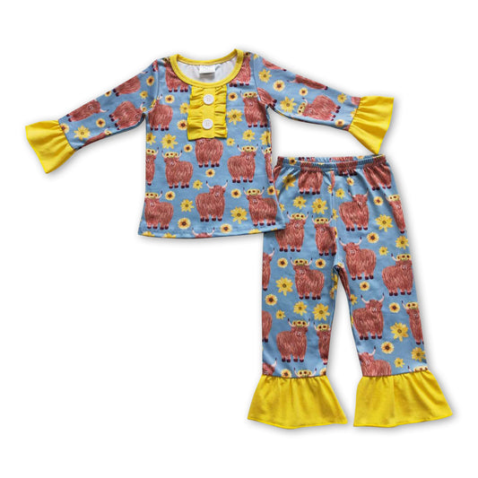 Yellow floral highland cow girls western pajamas