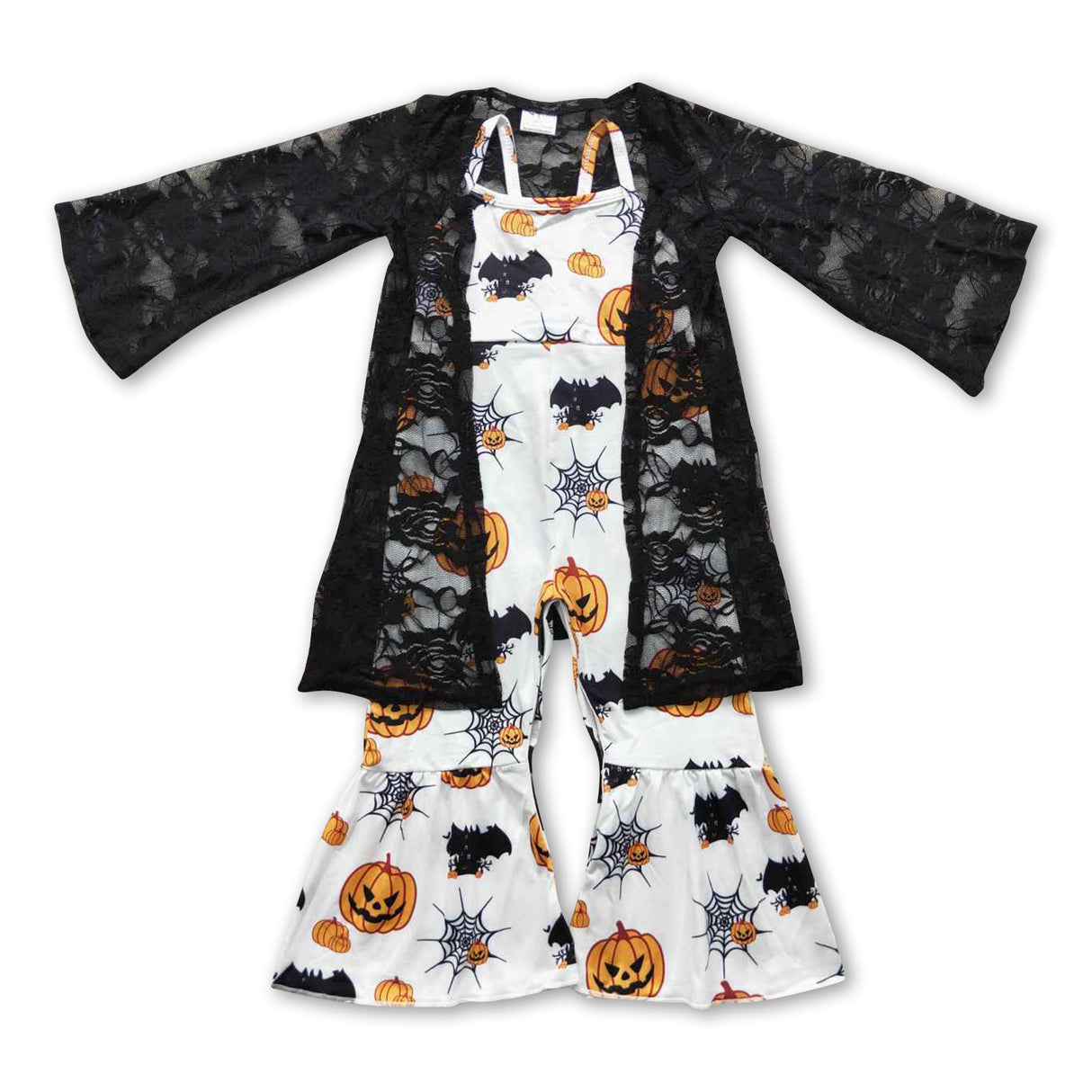Pumpkin spider web jumpsuit lace cardigan girls Halloween set