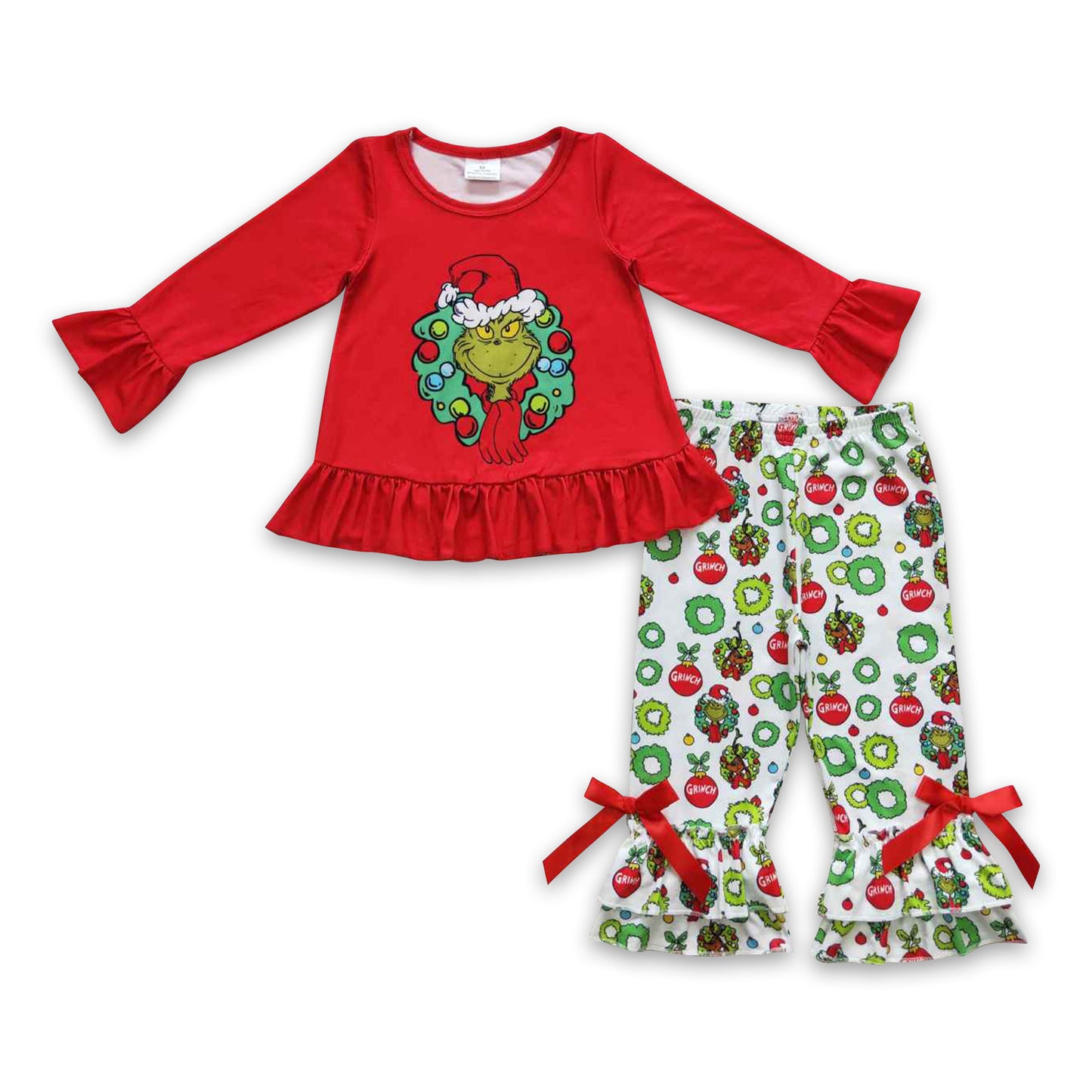 Red green face tunic ruffle pants girls Christmas outfits