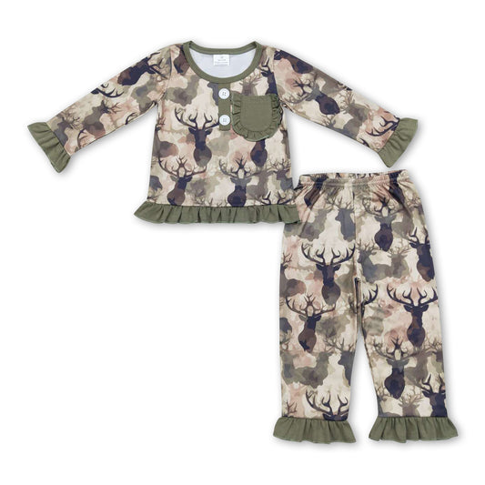 Deer camo pocket ruffle long sleeves girls pajamas