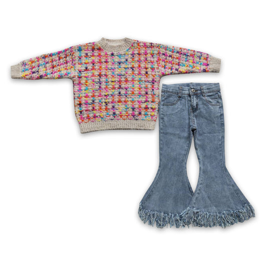 Colorful sweater tassels jeans girls winter outfits