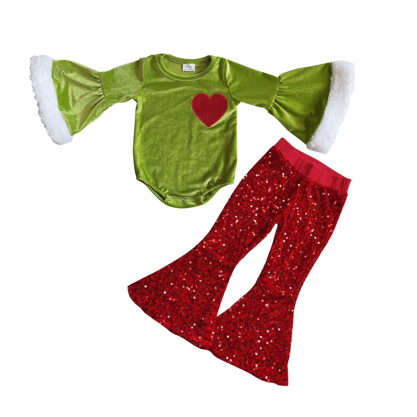 Heart embroidery green face romper red pants girls Christmas outfits