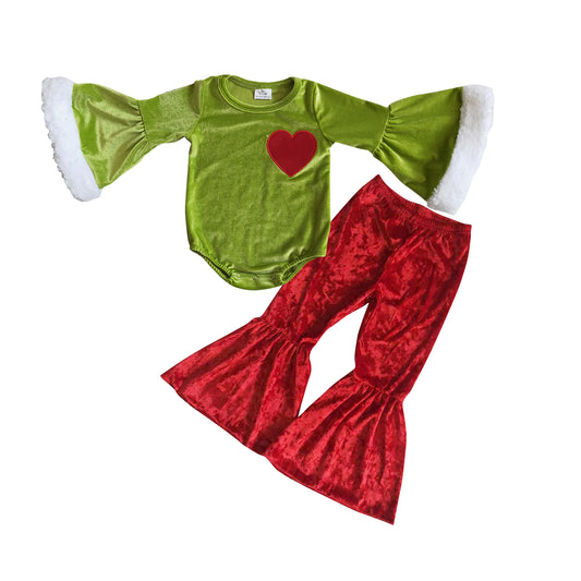 Heart embroidery green face romper velvet pants girls Christmas outfits