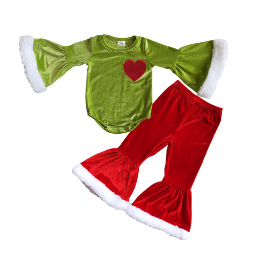 Heart green face romper red velvet pants girls Christmas outfits