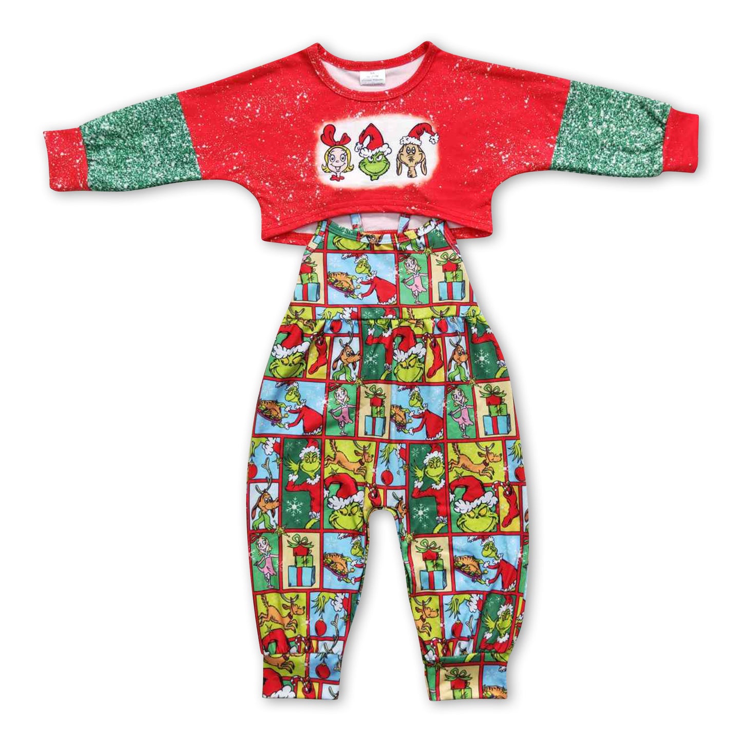 Green face gift patchwork jumpsuit top girls Christmas outfits