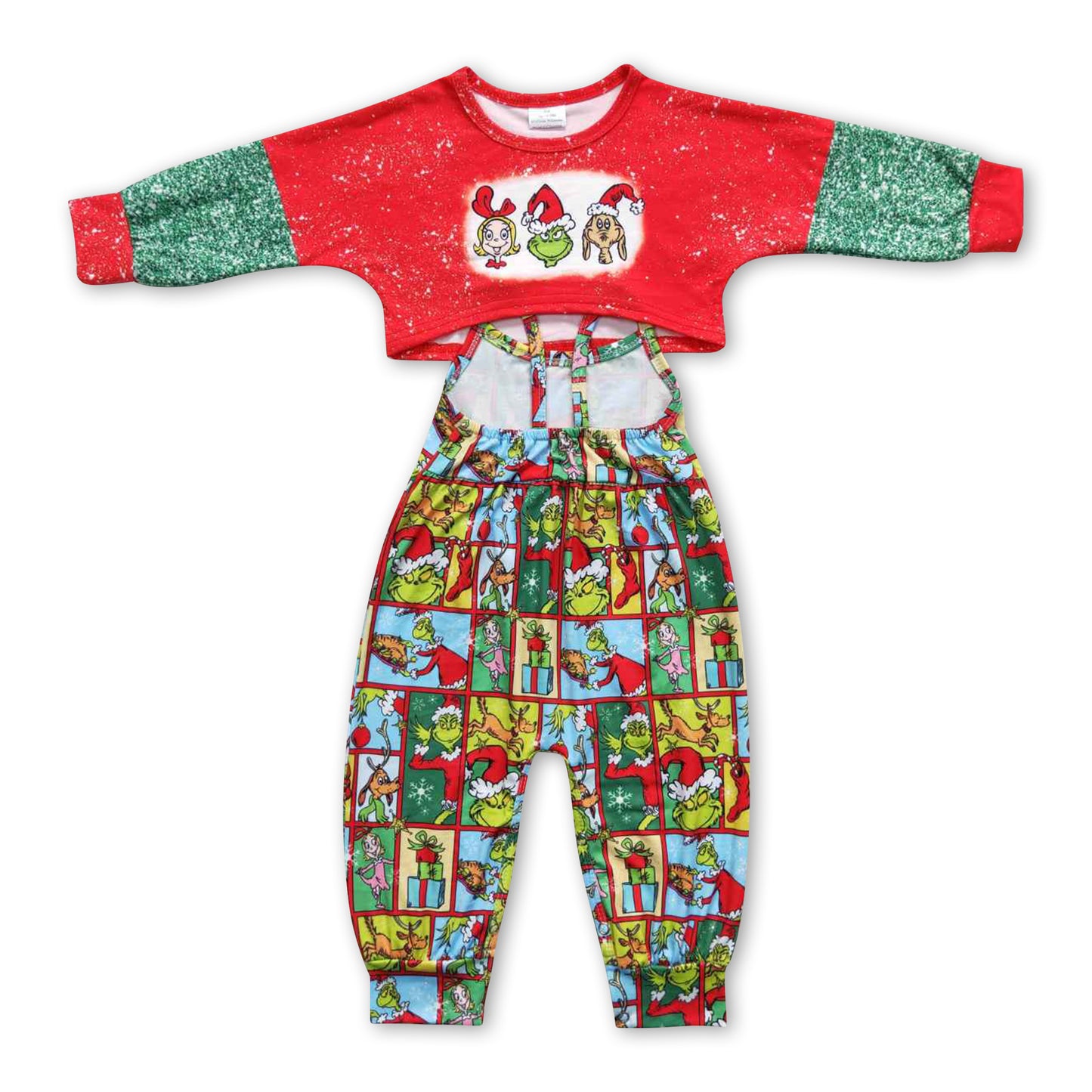 Green face gift patchwork jumpsuit top girls Christmas outfits