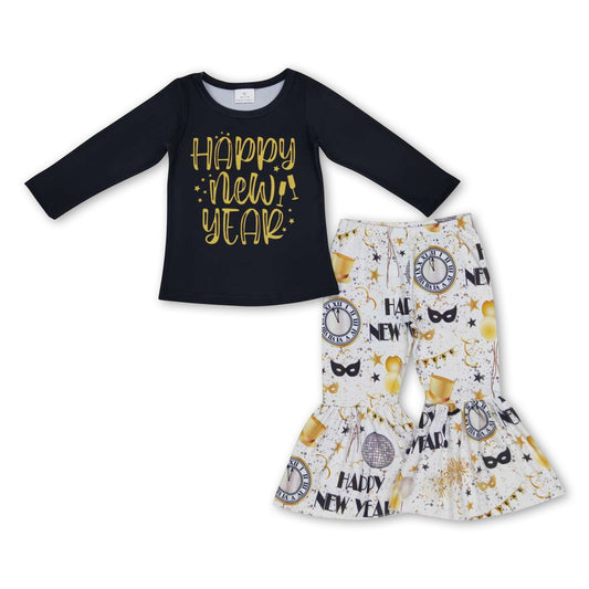 Happy new year black top bell bottom pants girls outfits