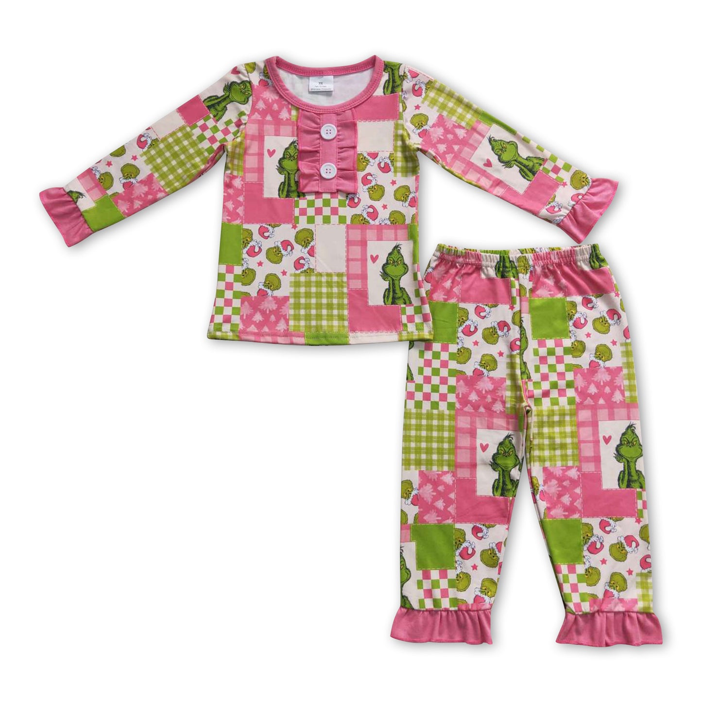 Pink green face plaid patchwork kids girls Christmas pajamas