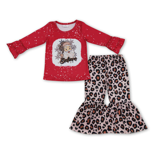 Santa leopard blieve top pants girls Christmas outfits