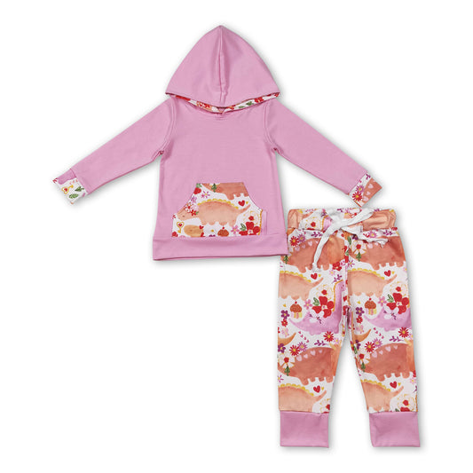 Pink dinosaur floral hoodie pants girls clothing set