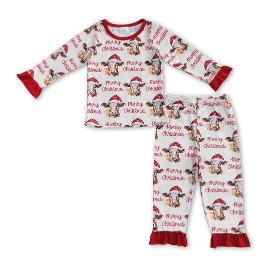 Merry Christmas cow ruffle long sleeves girls pajamas