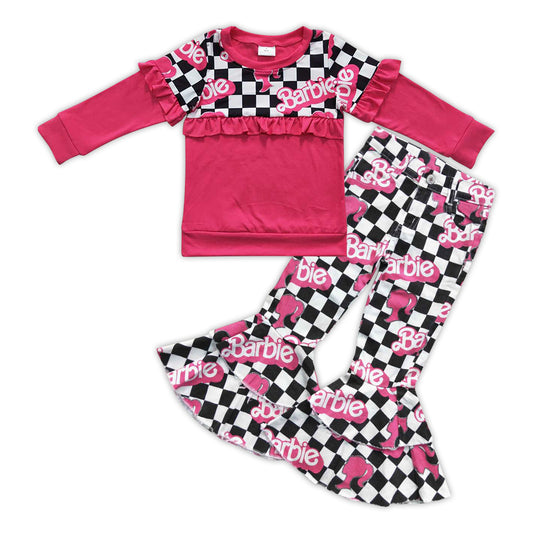 Hot pink ruffle top ruffle jeans party girls outfits