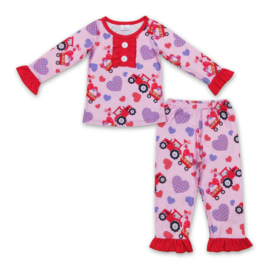 Heart truck ruffle long sleeves girls valentine's pajamas