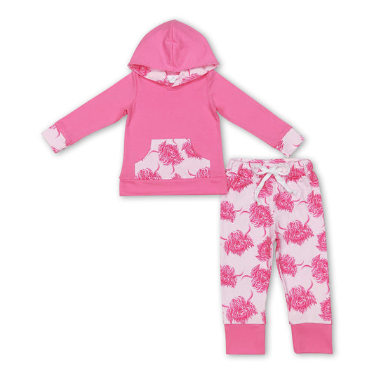 Pink highland cow hoodie pants kids girls clothes
