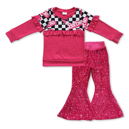 Hot pink ruffle plaid shirt sequin pants party girls outfits