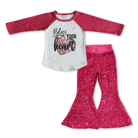 Bless your heart raglan sequin pants girls Valentine's outfits