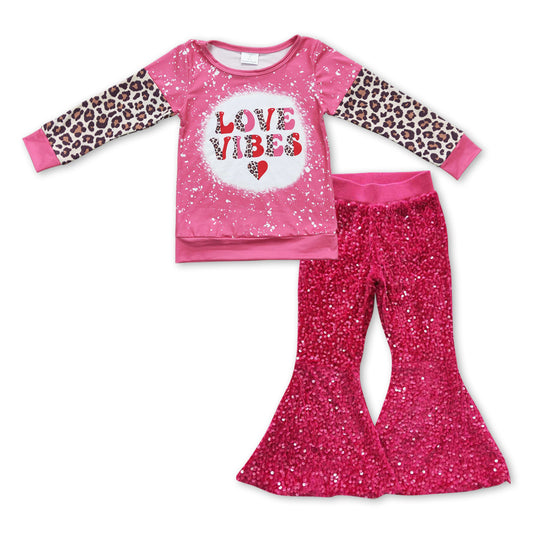 Love vibes leopard shirt sequin pants girls Valentine's outfits