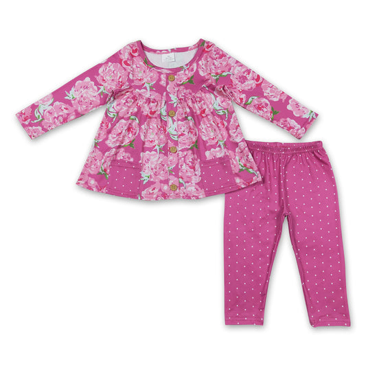 Floral pocket tunic polka dots leggings girls clothing set