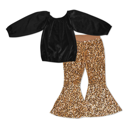 Black velvet top gold sequin pants girls clothing set