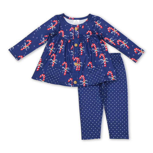 Navy candy cane pocket tunic leggings girls Christmas set