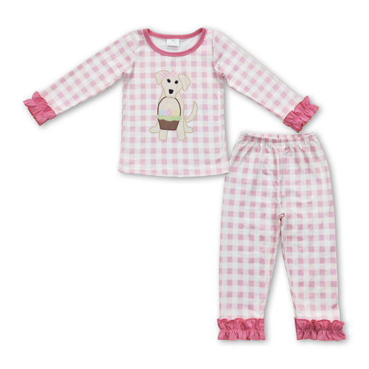 Pink plaid dog eggs basket top pants girls easter pajamas