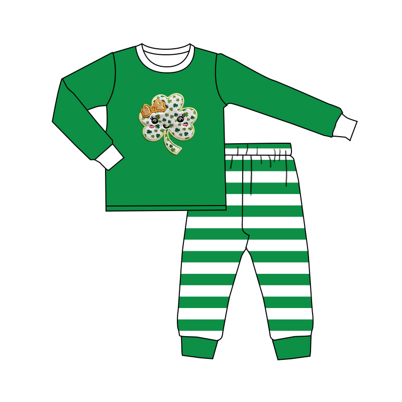 Green clover bow top stripe pants girls st patrick's pajamas