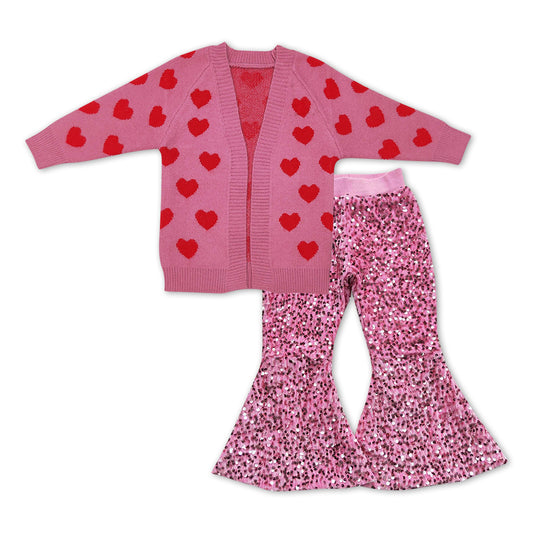 Pink heart cardigan sweater sequin pants girls valentine's set