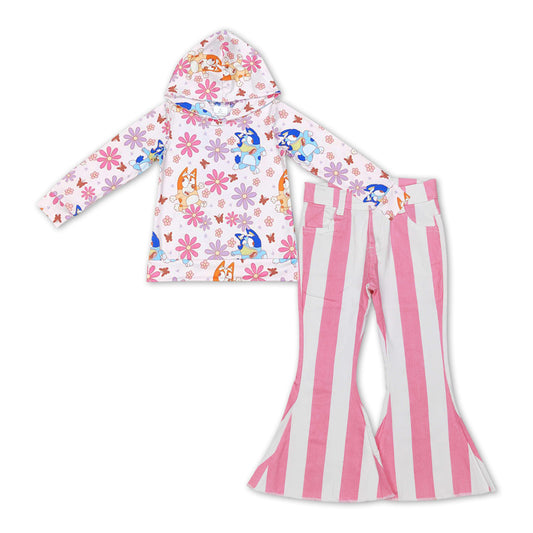 Flower dog hoodie pink stripe jeans girls clothes