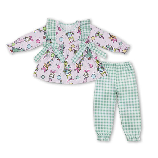 Candy cane green face tunic pants girls Christmas set