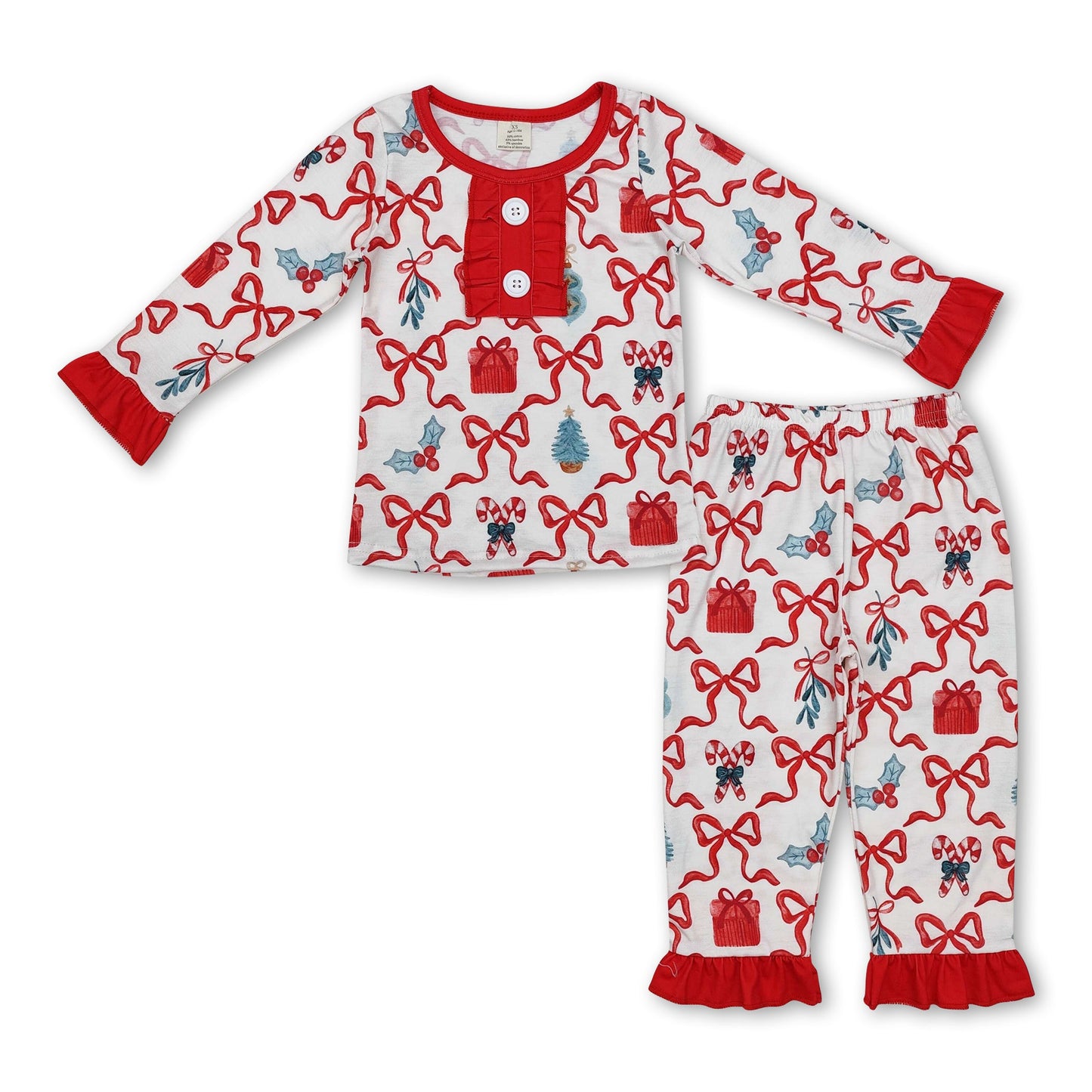 Long sleeves bow gift candy cane girls Christmas pajamas