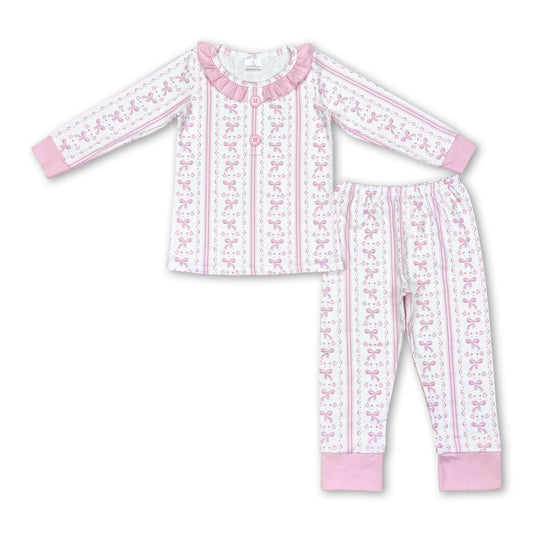 Long sleeves pink bow kids girls pajamas