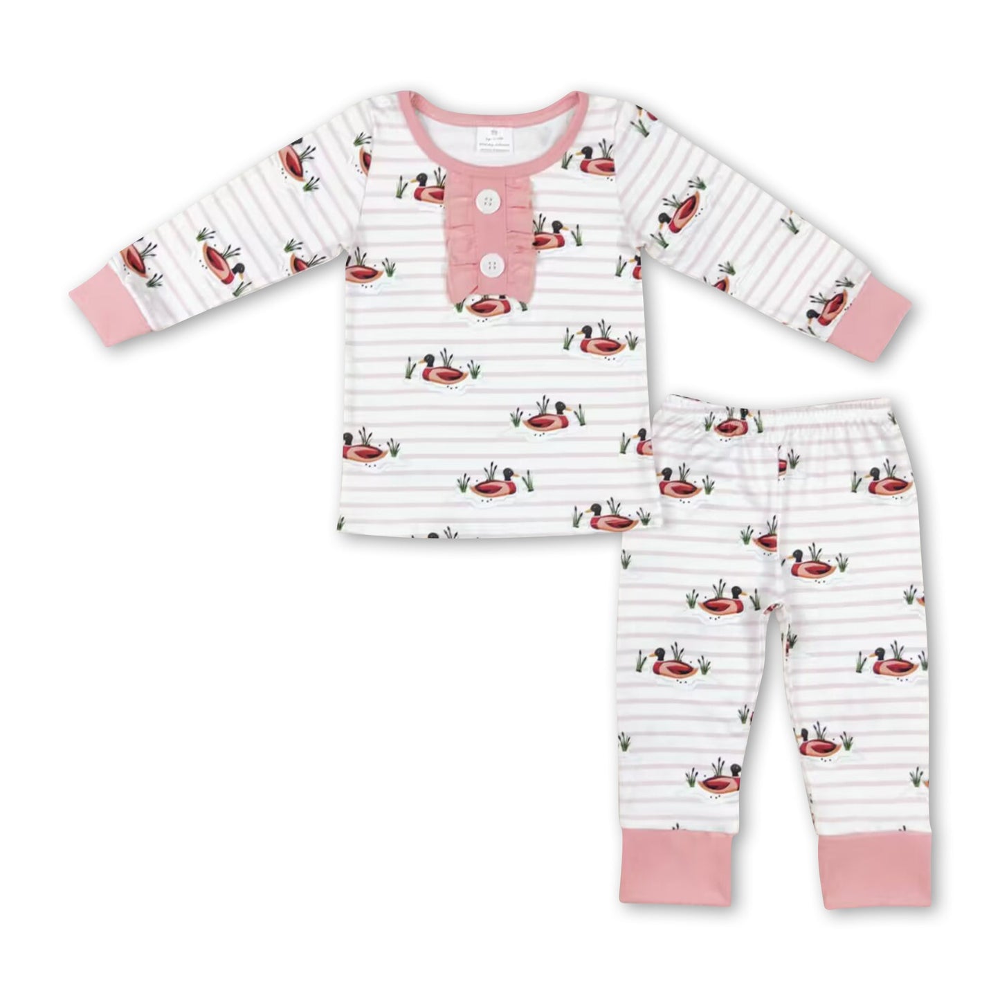 Long sleeves pink stripe duck kids girls pajamas